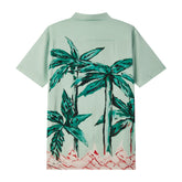 Camisa hawaiana tropical de manga corta con cuello campamento y estampado de estatuas vintage